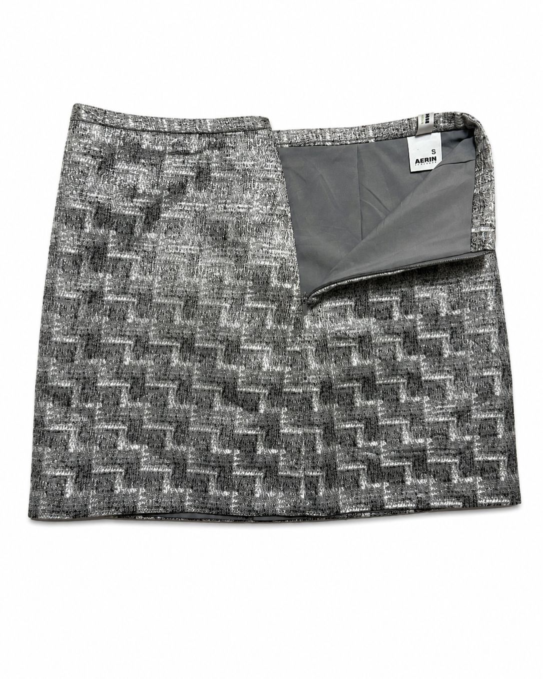 tweed-style A-line mini skirt featuring a geometric