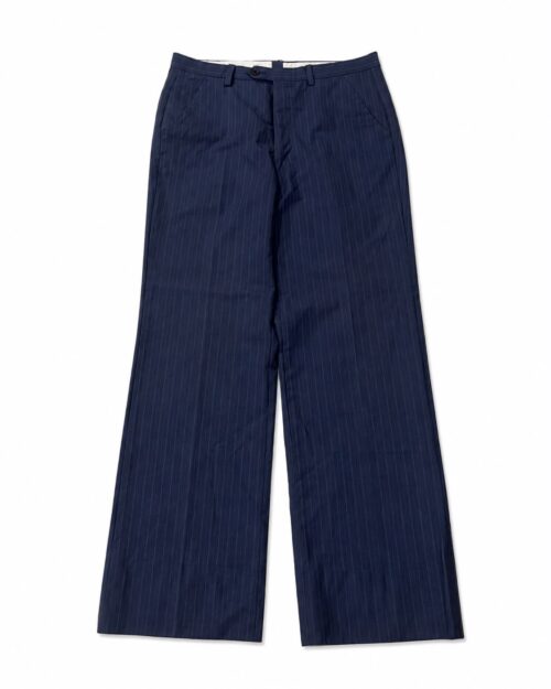 Vintage-inspired navy blue pinstripe trousers