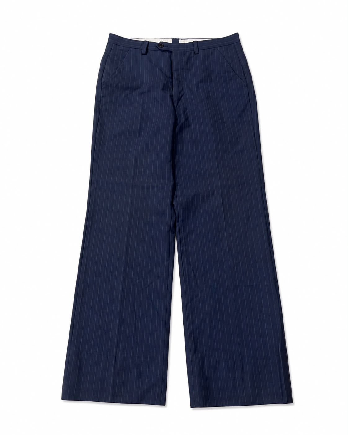 Vintage-inspired navy blue pinstripe trousers