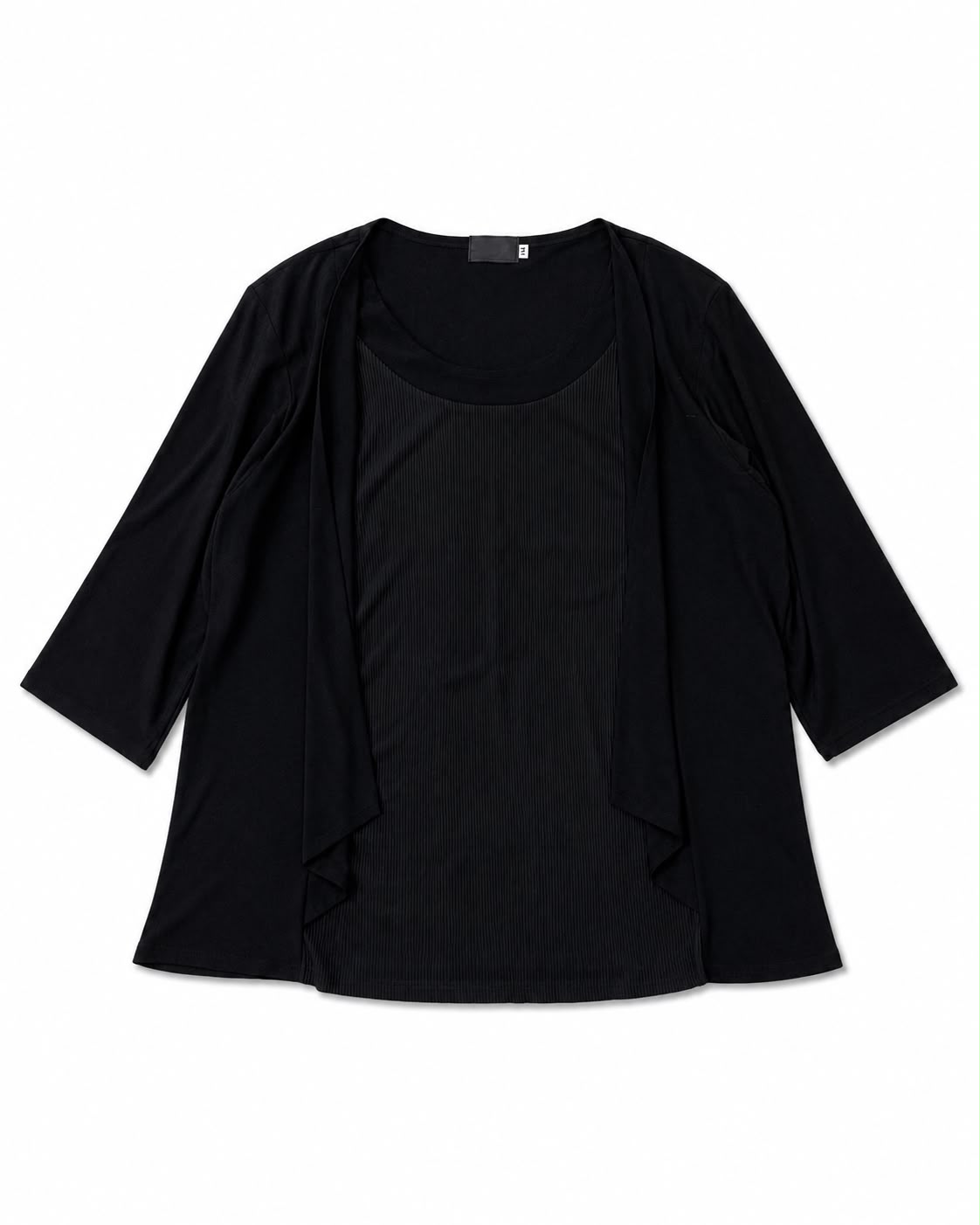 Women’s 2-in-1 layered top consisting of a draped open-front cardigan jacket
