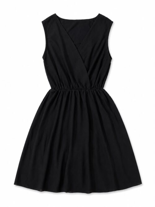 Sleeveless, solid black A-line skater dress