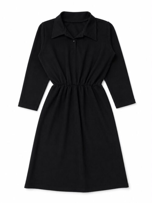 Solid black midi-length shirt dress