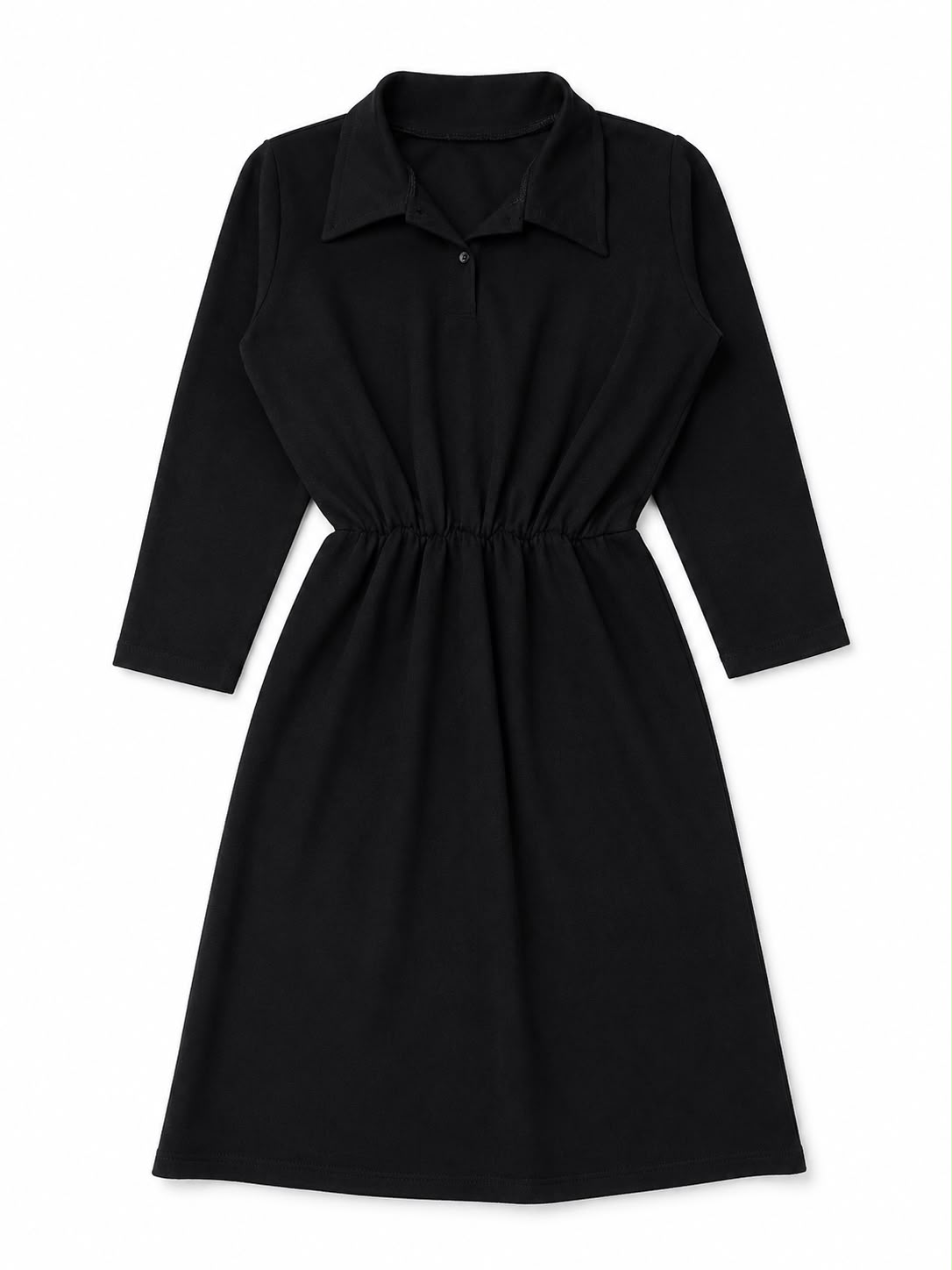 Solid black midi-length shirt dress