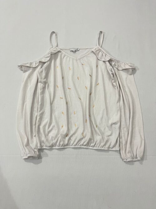 Cold-shoulder long-sleeve blouse with thin spaghetti straps.