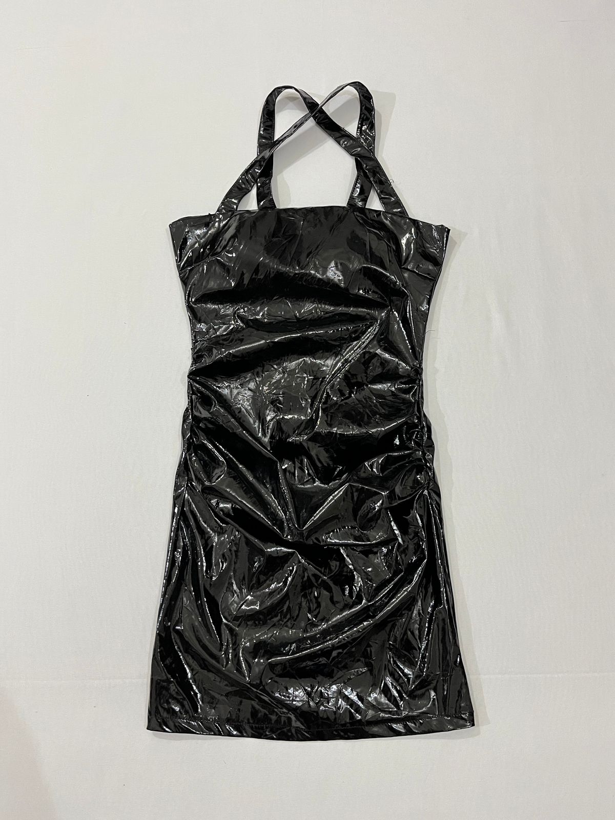 Criss-Cross Halter Neck Wet-Look/Vinyl Bodycon Mini Dress