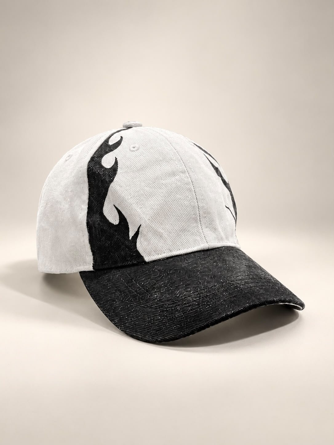 of-1 Hand-Painted Tribal Flame Motifs Two-Tone Washed Cotton Baseball Cap / Dad Hat